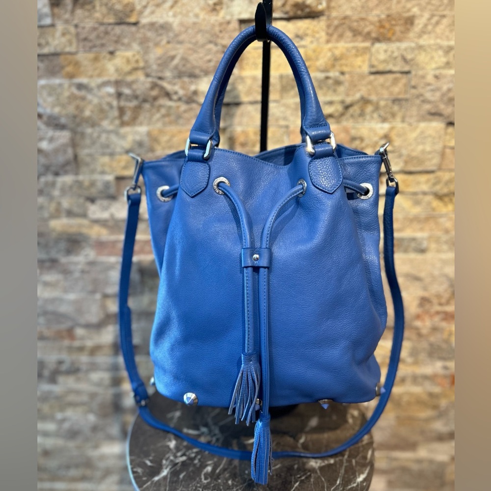 Tosca Blu Leather drawstring bag in Periwinkle, Blue with studs -New!